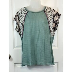 BIB! Women's Mint Green Waffle Knit Top Animal Print Snake Leopard Sleeve XL